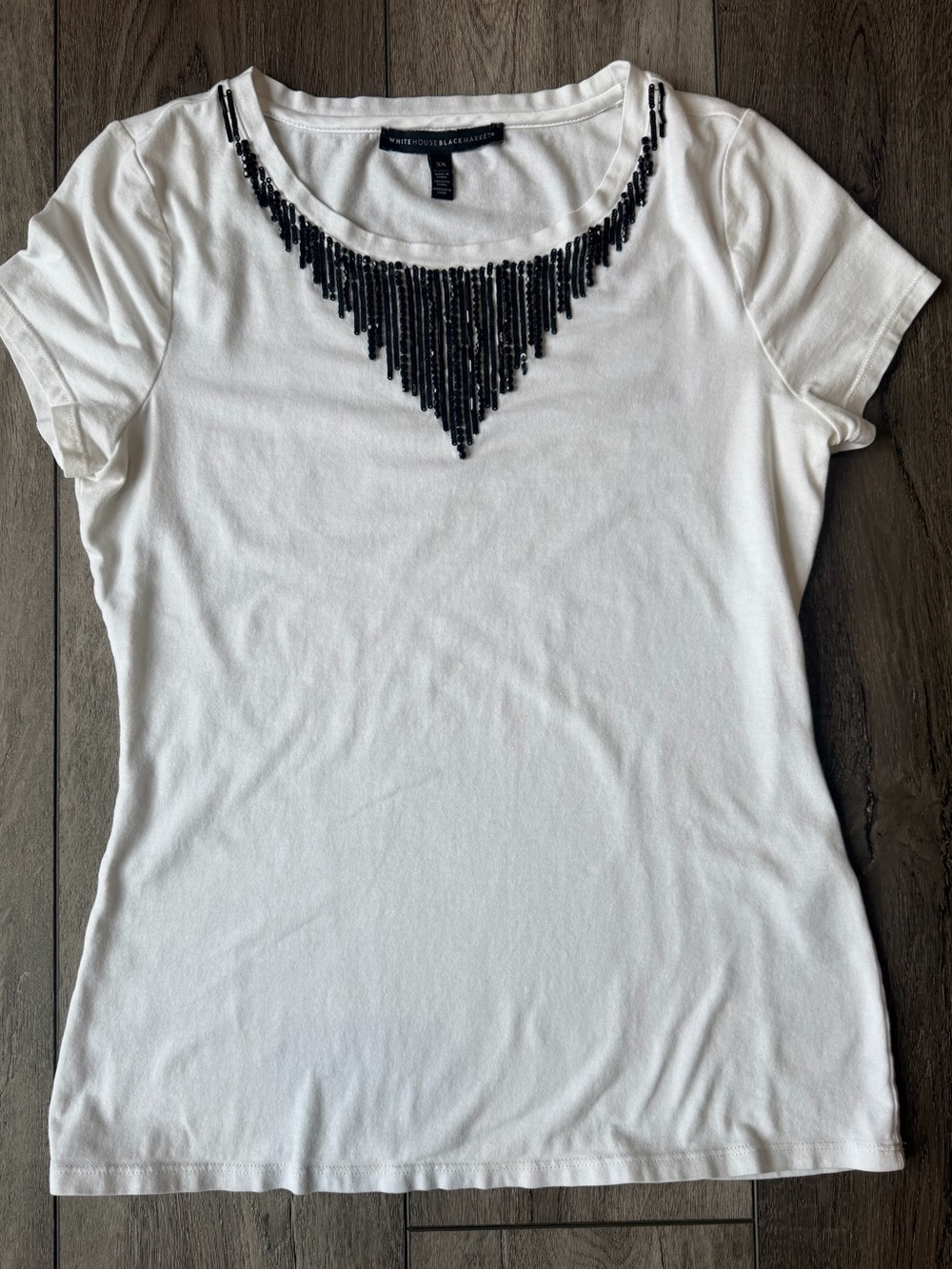 White House Black Market White Short Sleeve Tee with Black Bead Fringe